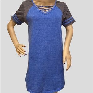 Exist Long Tee Sleepshirt Sleep Shirt Raglan Sleeves Blue/Charcoal Sz Large NWT